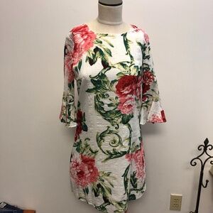 Sheln White‎ Pink green Floral Print Scope Neck Long Sleeve Dress